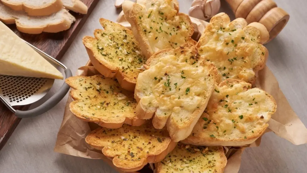 Pão de alho com queijo derretido pronto em cinco minutos e sem dificuldade
