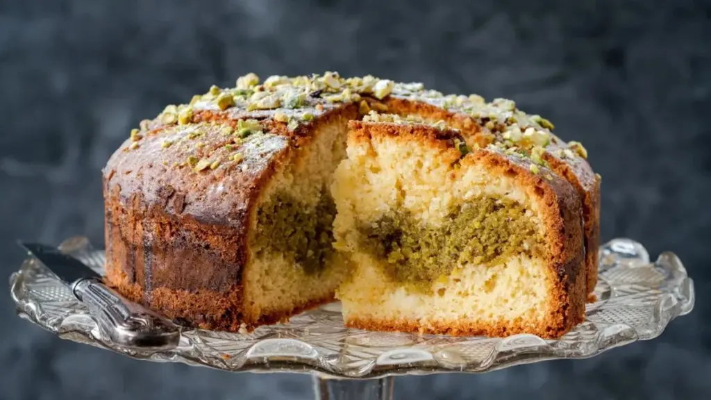Bizcocho de naranja esponjoso con cobertura de pistacho: un truco para sorprender