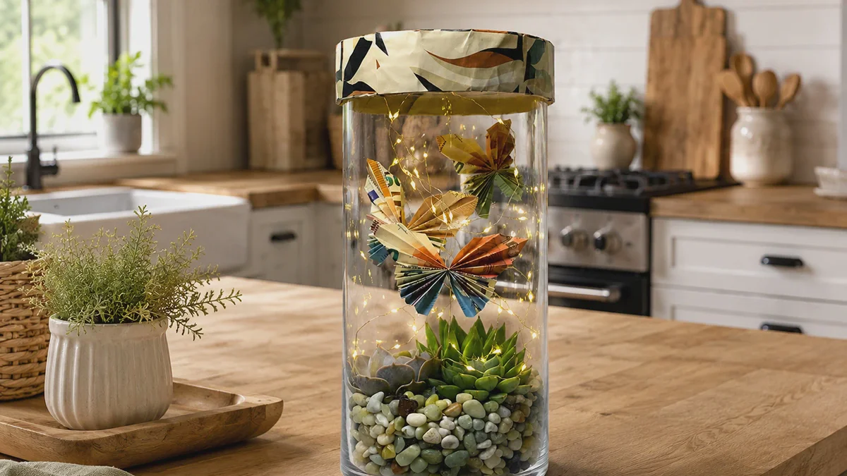 Cómo hacer un regalo de dinero creativo en tarro de cristal con suculentas y mariposas